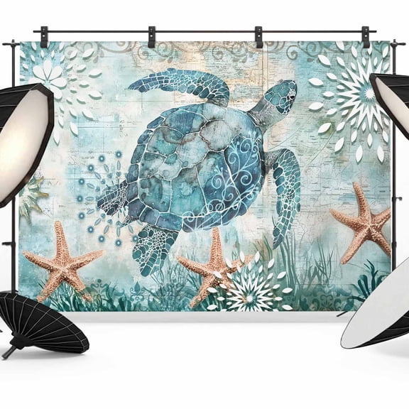 Vintage Sea Turtle Backdrop for Photography, Nautical Turquoise Ocean Starfish Photo Backdrop Portrait Background Party Banner Photo Backgrounds for Studio Booth Props, 7x5ft