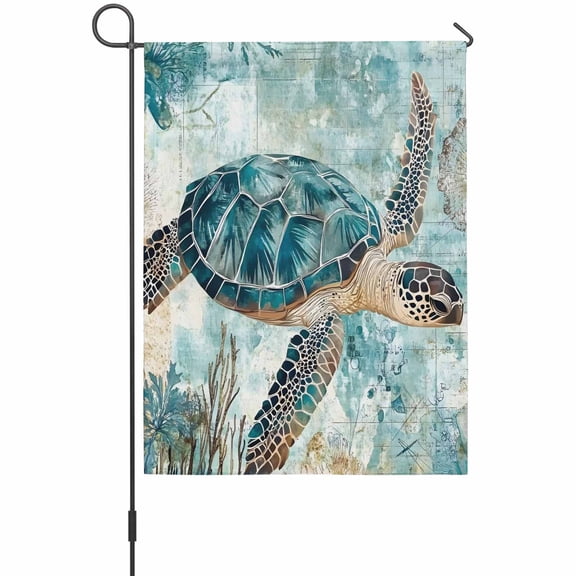 Vintage Sea Turtle Garden Flags For Outdoor, Nautical Retro Watercolor Turtle Seaweed Small Double Side Yard Flags Weather Proof Garden Decor for Lawn Outside Holiday 12 x 18 Inches