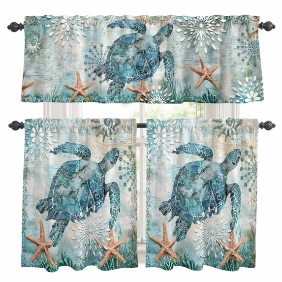 Vintage Sea Turtle Kitchen Curtains Valances and Tiers Set of 3 Nautical Turquoise Ocean Starfish Tier Curtains and Valance with Rod Pocket for Small Windows, 27.5"x36"