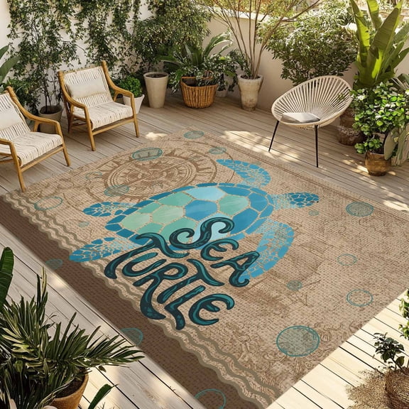 Vintage Sea Turtle Outdoor Rug for Patio/Deck/Porch, Non-Slip Large Area Rug 4 x 6 Ft, Brown Nautical Anchor Bubbles Coastal Indoor Outdoor Rugs Washable Area Rugs, Camping Rug Carpet Runner