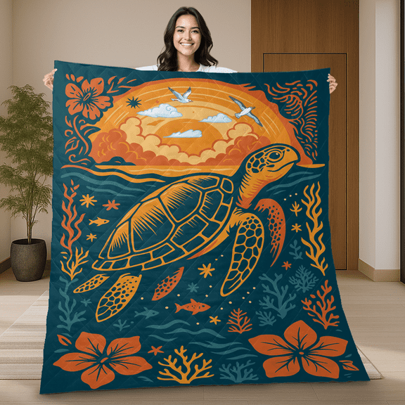 Vintage Sea Turtle Quilt Blanket - Ocean Sunset Quilt with Tropical Hibiscus Flowers and Marine Life - Coastal Beach Vibes Blanket