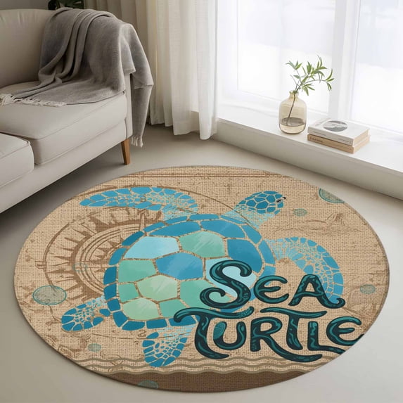 Vintage Sea Turtle Round Area Rug 3Ft Washable Small Circle Rugs for Kitchen Entryway, Brown Nautical Anchor Bubbles Coastal Non-Slip Carpet Floor Mats Indoor Outdoor Carpet Runner Home Decor