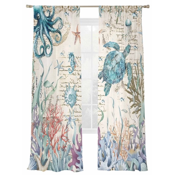 Vintage Sea Turtle Sheer Curtains 2 Panels Set Marine Life Coral Shell Starfish Octopus Ocean Sheer Window Curtains Light Filtering Rod Pocket Voile Drapes for Bedroom Living Room 52"X108"