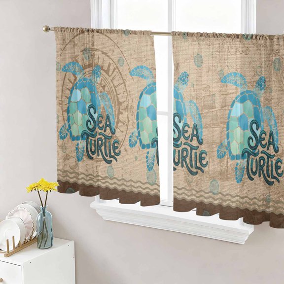 Vintage Sea Turtle Sheer Curtains 45 Inches Length 2 Panels Set, Window Sheer Curtains for Living Room/Bedroom, Brown Nautical Anchor Bubbles Coastal Light Filtering Rod Pocket Curtain 52''x45''x2