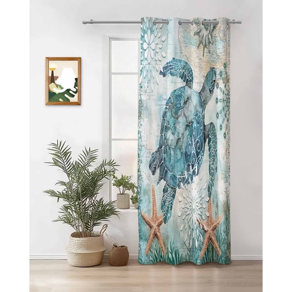 Vintage Sea Turtle Thermal Insulated Blackout Curtains for Bedroom 84 Length Nautical Turquoise Ocean Starfish Room Darkening Curtain 1 Panel Grommet Window Curtain Drape for Living Room Nursery Room