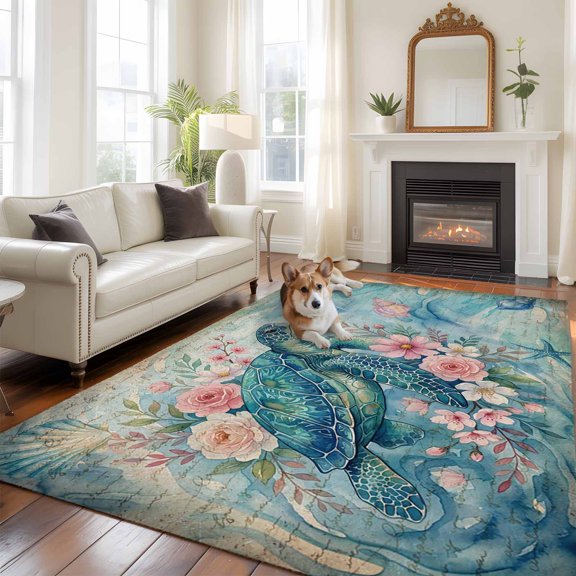 Vintage Sea Turtles Area Rugs 5x7 ft Pink Flower Shell Starfish Ocean Life Watercolor Washable Rug Non Slip Indoor Carpet Absorbent Floor Mat for Living Room Bedroom Dining Room