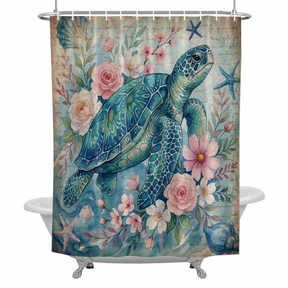 Vintage Sea Turtles Bathroom Shower Curtain, Pink Flower Shell Starfish Ocean Life Watercolor Waterproof Washable Soft Bath Curtain for Bathtub Decor with 12 Hooks&Grommet, 36x72 Inch