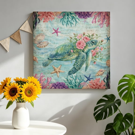 Vintage Sea Turtles Canvas Wall Art, Pink Flower Shell Starfish Coral Ocean Watercolor Pictures Wall Decor Wooden Framed Artwork Art Prints for Living Room Hallway Bedroom Office 8"x8"