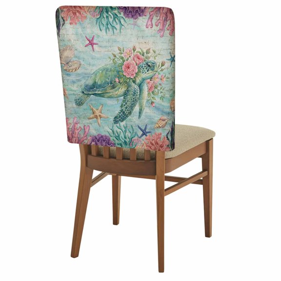 Vintage Sea Turtles Chair Covers Set of 1 Pink Flower Shell Starfish Coral Ocean Watercolor Chair Back Covers Stretch Removable Washable Slipcovers Protector for Dining Room Kitchen Party Decor