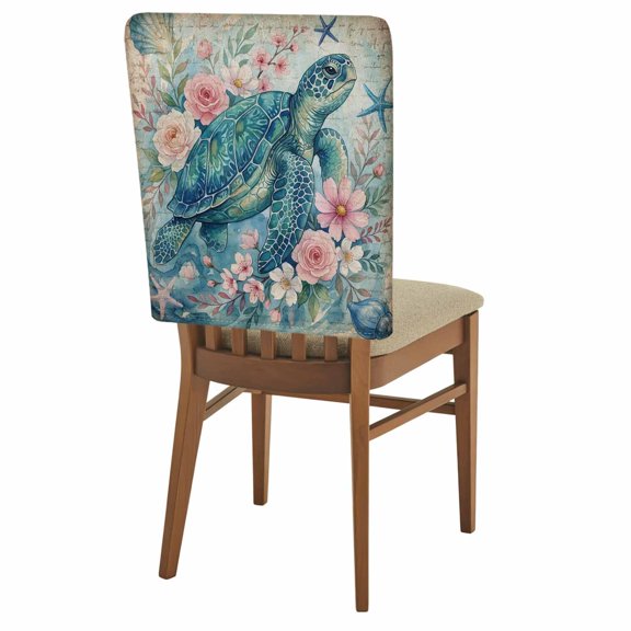 Vintage Sea Turtles Chair Covers Set of 1 Pink Flower Shell Starfish Ocean Life Watercolor Chair Back Covers Stretch Removable Washable Slipcovers Protector for Dining Room Kitchen Party Decor