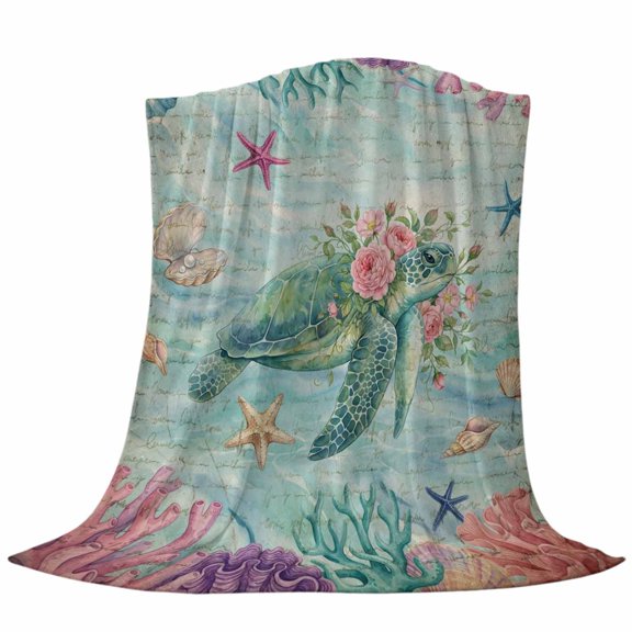 Vintage Sea Turtles Fleece Throw Blanket Pink Flower Shell Starfish Coral Ocean Watercolor Ultra Soft Fuzzy Cozy Flannel Throw Blanket for Couch Sofa Bed Car Travel, Ideal Gifts 40x50 Inches