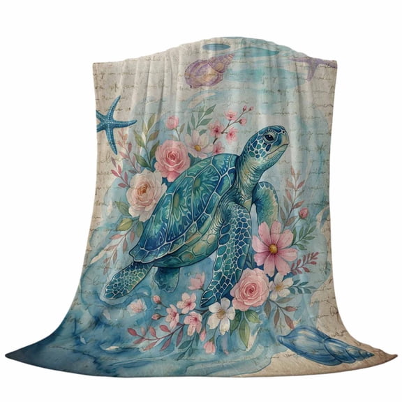 Vintage Sea Turtles Fleece Throw Blanket Pink Flower Shell Starfish Ocean Life Watercolor Ultra Soft Fuzzy Cozy Flannel Throw Blanket for Couch Sofa Bed Car Travel, Ideal Gifts 40x50 Inches