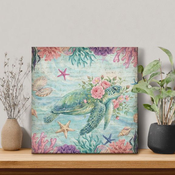 Vintage Sea Turtles Framed Canvas Wall Art, Pink Flower Shell Starfish Coral Ocean Watercolor Wall Art Painting for Living Room Bedroom Home Decor, 8”x8”, Office Artwork Print