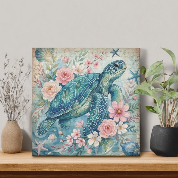 Vintage Sea Turtles Framed Canvas Wall Art, Pink Flower Shell Starfish Ocean Life Watercolor Wall Art Painting for Living Room Bedroom Home Decor, 8”x8”, Office Artwork Print