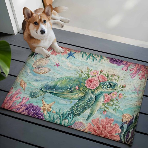 Vintage Sea Turtles Front Door Rugs 2x3 ft Pink Flower Shell Starfish Coral Ocean Watercolor Small Rug for Entryway Non Slip Washable Bathroom Door Mat Absorbent Floor Mat for Indoor Entrance