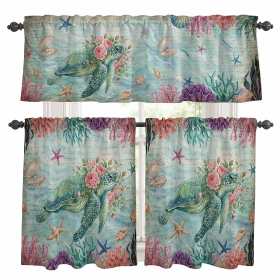 Vintage Sea Turtles Kitchen Curtains Valances and Tiers Set of 3 Pink Flower Shell Starfish Coral Ocean Watercolor Tier Curtains and Valance with Rod Pocket for Small Windows, 27.5"x24"