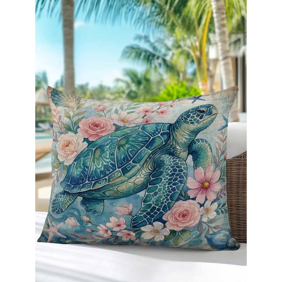 Vintage Sea Turtles Outdoor Pillows 16"x16" Set of 1, Pink Flower Shell Starfish Ocean Life Watercolor Waterproof Outdoor Throw Pillow with Insert for Patio Porch Furniture Bench Couch Sofa