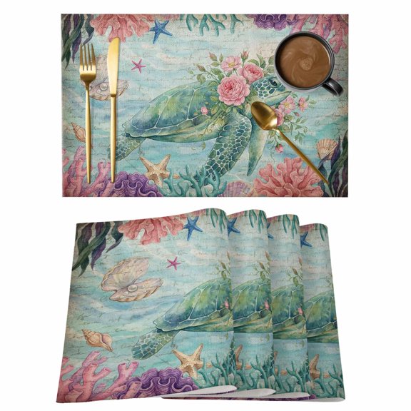 Vintage Sea Turtles Placemats Set of 1, Pink Flower Shell Starfish Coral Ocean Watercolor Non-Slip Place Mats Washable Table Mats for Kitchen Dining Table Decorations Indoor/Outdoor