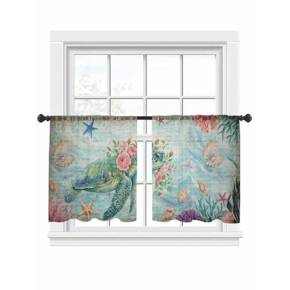 Vintage Sea Turtles Sheer Curtains 45 Inch Long 2 Panels, Pink Flower Shell Starfish Coral Ocean Watercolor Light Filtering Rod Pocket Curtains, Sheer Voile Drapes for Living Room Bedroom, 52"x45"