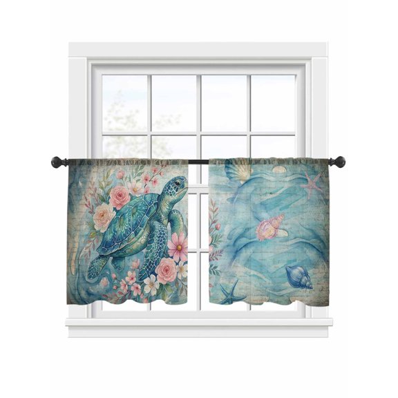 Vintage Sea Turtles Sheer Curtains 45 Inch Long 2 Panels, Pink Flower Shell Starfish Ocean Life Watercolor Light Filtering Rod Pocket Curtains, Sheer Voile Drapes for Living Room Bedroom, 52"x45"