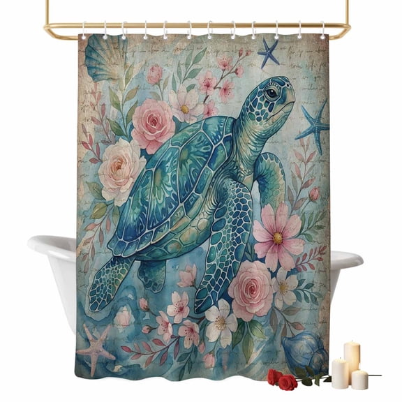 Vintage Sea Turtles Shower Curtains for Bathroom, Pink Flower Shell Starfish Ocean Life Watercolor Washable Fabric Shower Curtain with Hooks Waterproof Bathroom Decor Sets, 72 x 72 Inches
