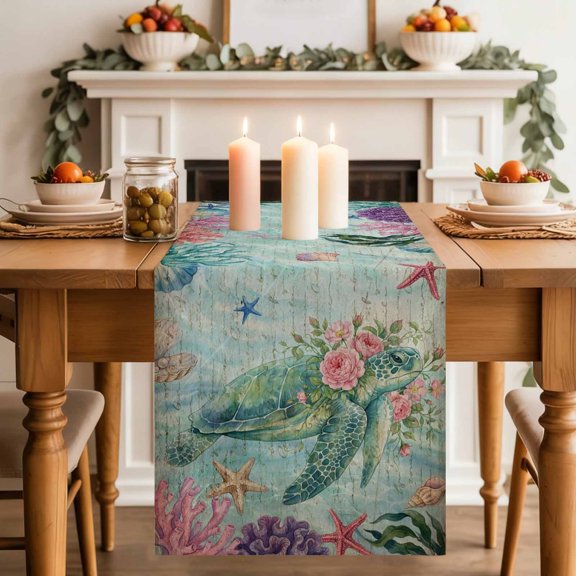 Vintage Sea Turtles Table Runner, Pink Flower Shell Starfish Coral Ocean Watercolor Cotton Linen Kitchen Table Decoration Washable Dining Tabletop Runners for Home Party Decor 13x36 Inches