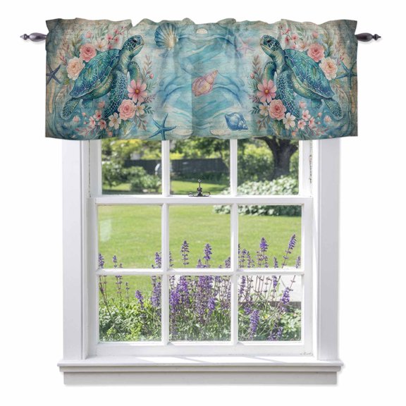 Vintage Sea Turtles Valance Curtain for Windows Pink Flower Shell Starfish Ocean Life Watercolor Rod Pocket Curtain Valances Short Window Treatments for Kitchen Bathroom Laundry Basement 42 x 12 Inch