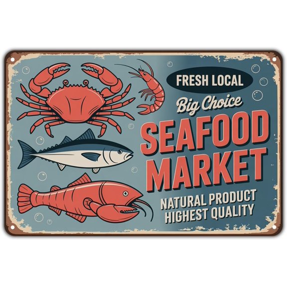 Vintage Seafood Market Metal Tin Sign Fish Crab Lobster Wall Decor 8 x 12 Inch