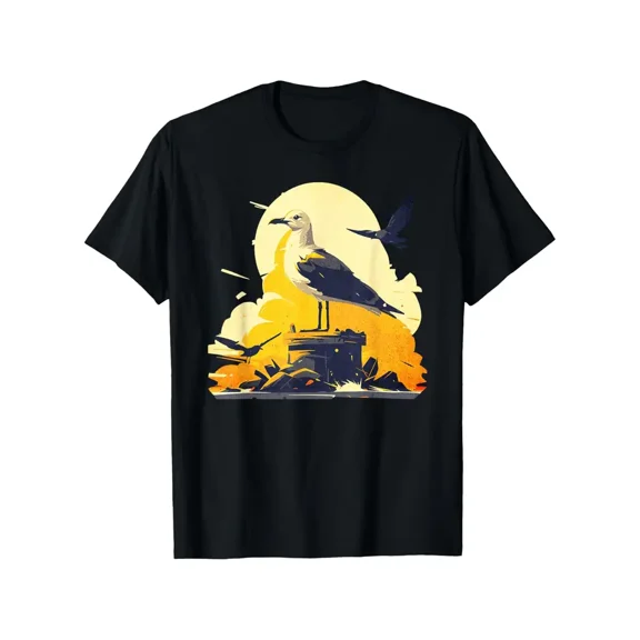 & Vintage Seagull Eating Chip Graphic T-Shirt - Casual Short Sleeve Round Neck Tee with Sea Bird Print, Machine Washable, for all-Season Outdoor, Beach, & Casual Attire