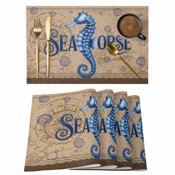 Vintage Seahorse Placemats Set of 8 Brown Nautical Anchor Bubbles Coastal Place Mats Indoor Wipeable Table Mats Washable Cloth Dining Table Placemats for Kitchen Holiday Party Home Decor 13x19 Inch