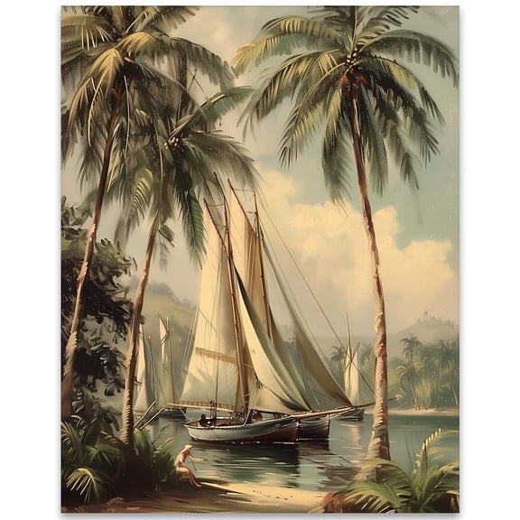 Vintage Seascape Painting of Rum Cay-Coastal Tropical 11x14 Beach House Poster Decor-Sailboat & Palm Trees - Antique Nautical Island Art - For Summer Home Decor & Historical Beach House Landscapes