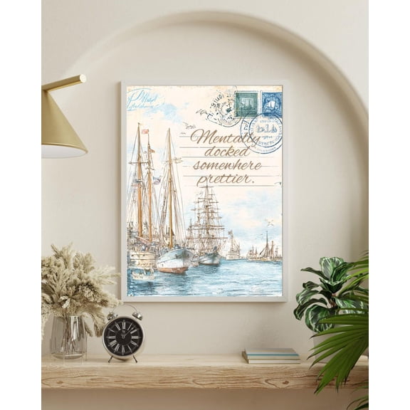 Vintage Seascape Postcard Art Boats, Shabby Chic Poster Decor, Unframed Canvas Size 8x12 F03.1.22l320
