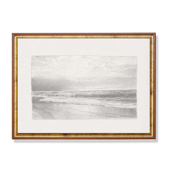 Vintage Seascape Sketch Poster, Neutral Ocean Art Unframed Paper Print