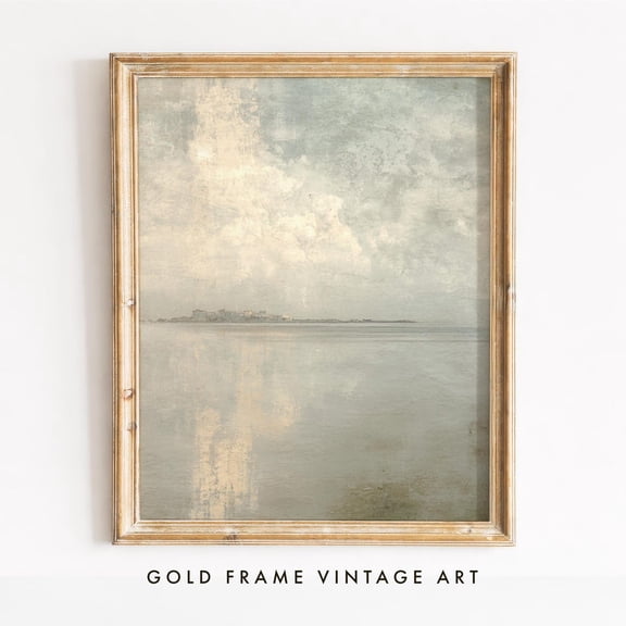 Vintage Seascape With Distant Shore Moody Coastal Landscape Art Rustic Farmhouse Wall Decor Calm Water