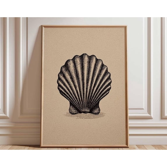 Vintage Seashell Coastal Shell Nautical Black Beige Beach Antique Wall Art Print, Unframed Paper Poster 16x20in