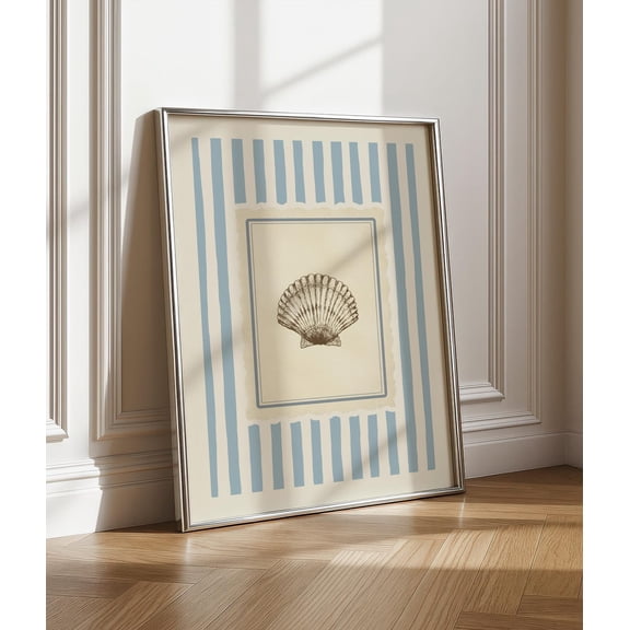 Vintage Seashell Dusty Blue Coastal Wall Art, Unframed Canvas Size 8x12