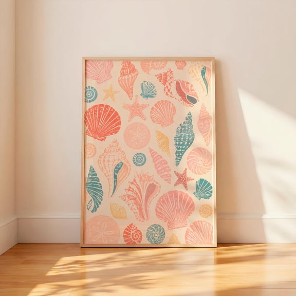 Vintage Seashell Pattern Print, Coastal Gallery Wall Art, Beach Cottage Decor, Nautical Shell Poster, Colorful Coastal Artwork