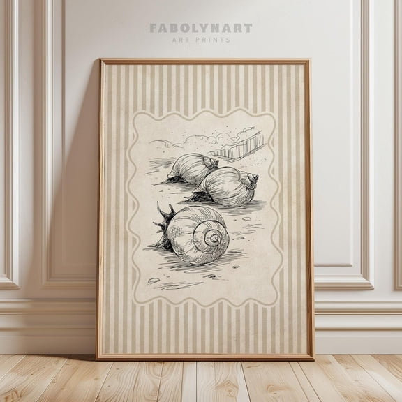 Vintage Seashell Sketch Coastal Ocean Line Drawing Striped Beach House Poster Unframed Paper Print