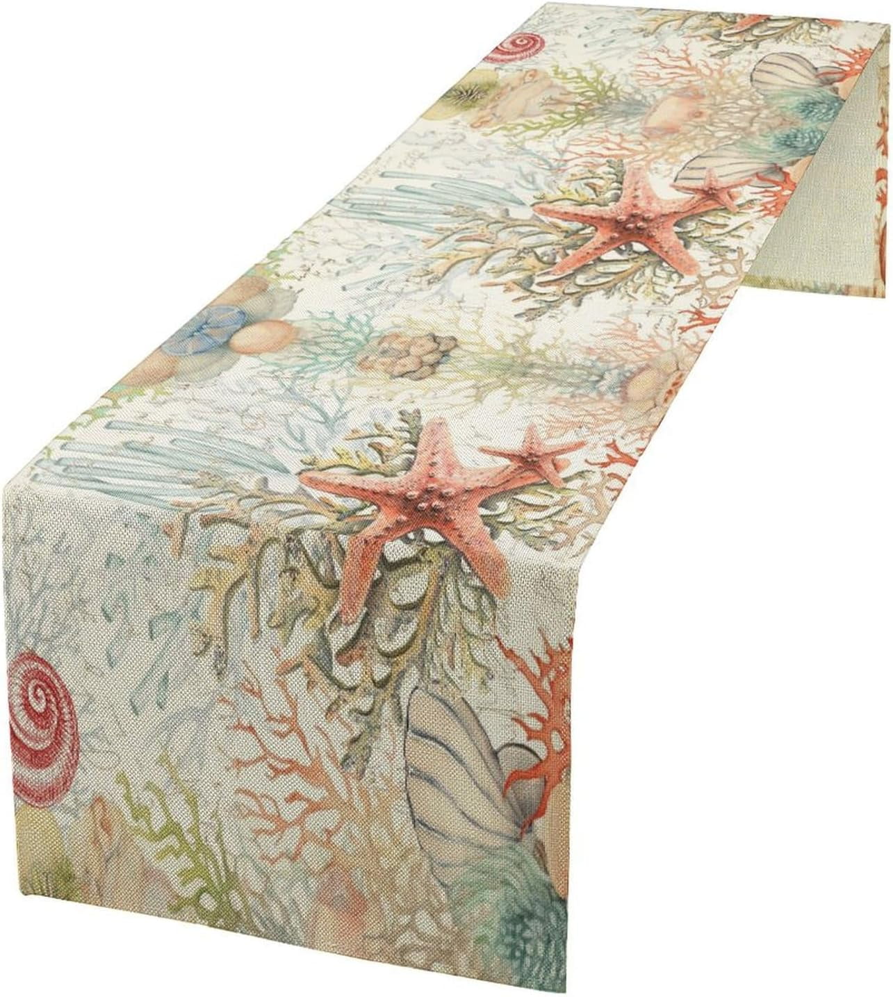 Runner Seashell Vintage Seashell Starfish Table Runner, Retro Nautical Undersea Beach ...