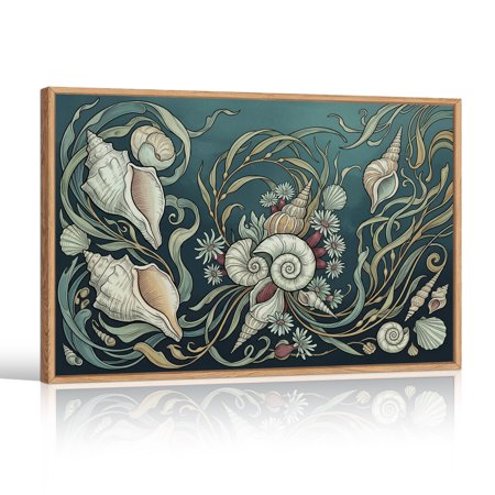 Vintage Seashells And Seaweed With Flowers On Teal Canvas Wall Art - 36W" x 24H" x 1.5"