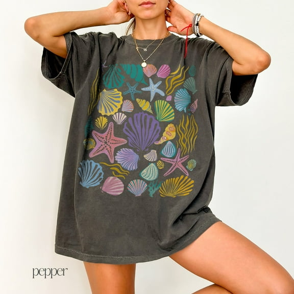 Vintage Seashells Tshirt Cotton Cottagecore Aesthetic Shirt Nautical Tee Ocean Swimsuit Coverup Oversized Coastal Surf Shirt
