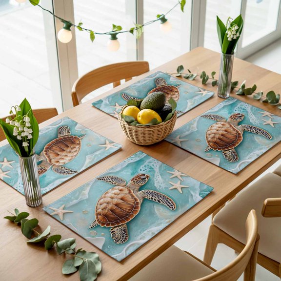 Vintage Seaside Starfish Shell Turtle Placemats Set of 4,Wipeable Washable Table Mats for Dining Tables, Ocean Waves Place Mats for Kitchen Event Party Tabletop Decor