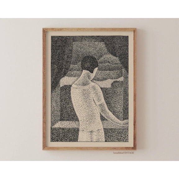 Vintage Seated Female Figure Drawing, Pointillist Art Print Poster, Moody Wall Decor, Stretched Canvas Size 8x12 F03.1.18l1908