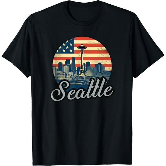 Vintage Seattle Wa Skyline USA Flag Rain City Seattle T-Shirt
