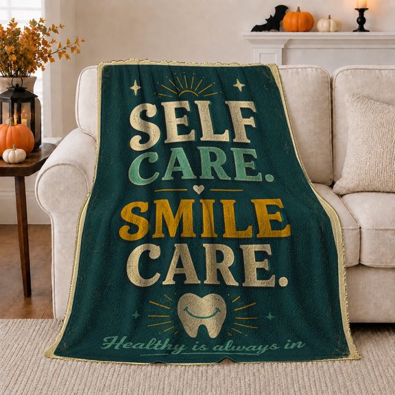 Vintage Self Care Smile Care Dental Hygiene Tooth, Cozy Typography Art Scene, Warm Flannel Blanket for Living Room and Reading Nook, Art Lovers Appreciation Gift, Artistic Home Decor