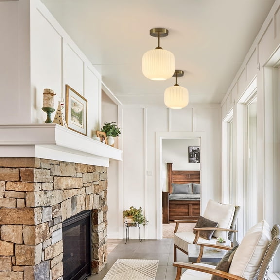 Vintage Semi Flush Mount Ceiling Lights 2 Pack | 7.9" Stripe Milk White Glass Shade | Modern Gold Finish | Farmhouse, Kitchen Island, Hallway Lighting