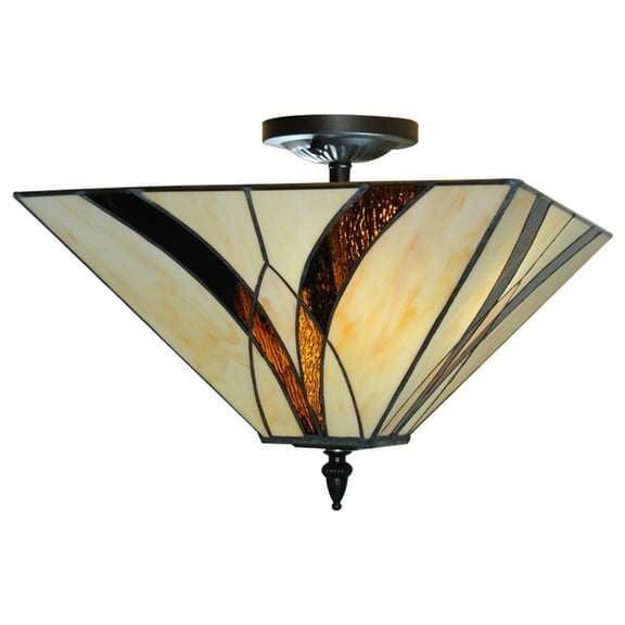 Vintage Semi Flush Mount Light, 3-Light Geometric Ceiling Light Fixture with Stained Glass Lampshade for Living Room Dining Room