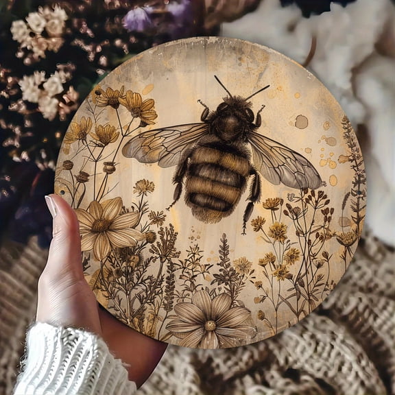 Vintage Sepia Bumblebee Round Aluminum Sign - Botanical Wildflower Sketch Distressed Farmhouse Wall Decor, 1pc, 8" Wall Art Metal Sign, For Porch, Gardene, Room, Home, Ideal Gifts, Weather, 2D Flat