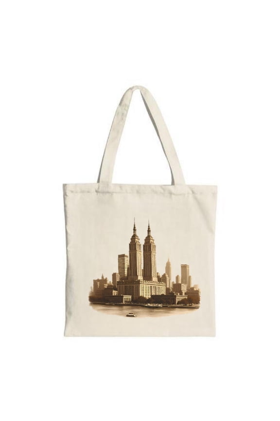 Vintage Sepia City Skyline Tote Bag - Artistic Canvas Bag with Towers Water & Boat - Perfect for Shopping Travel & Parties