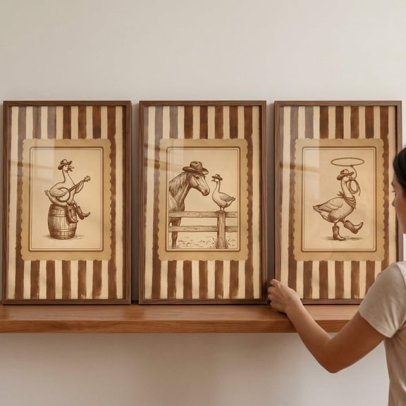Vintage Sepia Cowboy Goose Wall Art Set of 3 Western Nursery Decor Rustic Farm Animal Art Whimsical Bird Print Country Farmhouse Poster Set 3